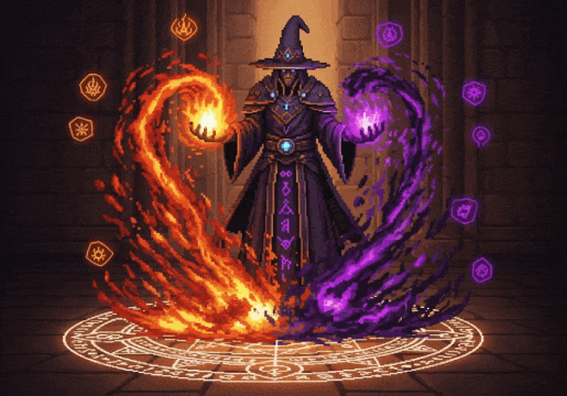 Pixel-art sorcerer in a dark stone chamber, standing inside a glowing rune circle while casting two swirling spells—bright orange fire in one hand and vivid purple energy magic in the other. Floating magical symbols surround each spell, emphasizing a powerful elemental transformation with a dramatic, symmetrical composition.