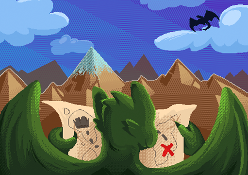 Um dragão verde, de frente para uma paisagem com montanhas, lendo o mapa de uma dungeon.